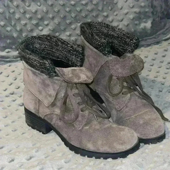 Lucky Brand Shoes - Lucky Brand Gray Suede Lace Up‎ Boots w/ Sweater Cuffs, Size 7